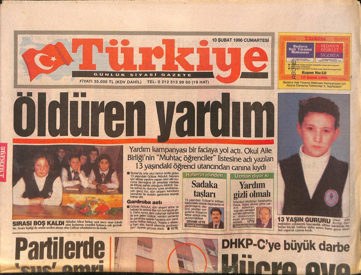 Türkiye Gazetesi 10 Şubat 1996 - Yardım Kampanyasına Yazılan Öğrenci Utancından Canına Kıydı - Ecevit, Yılmaz'a RP İzni Vermedi GZ158277 - 1