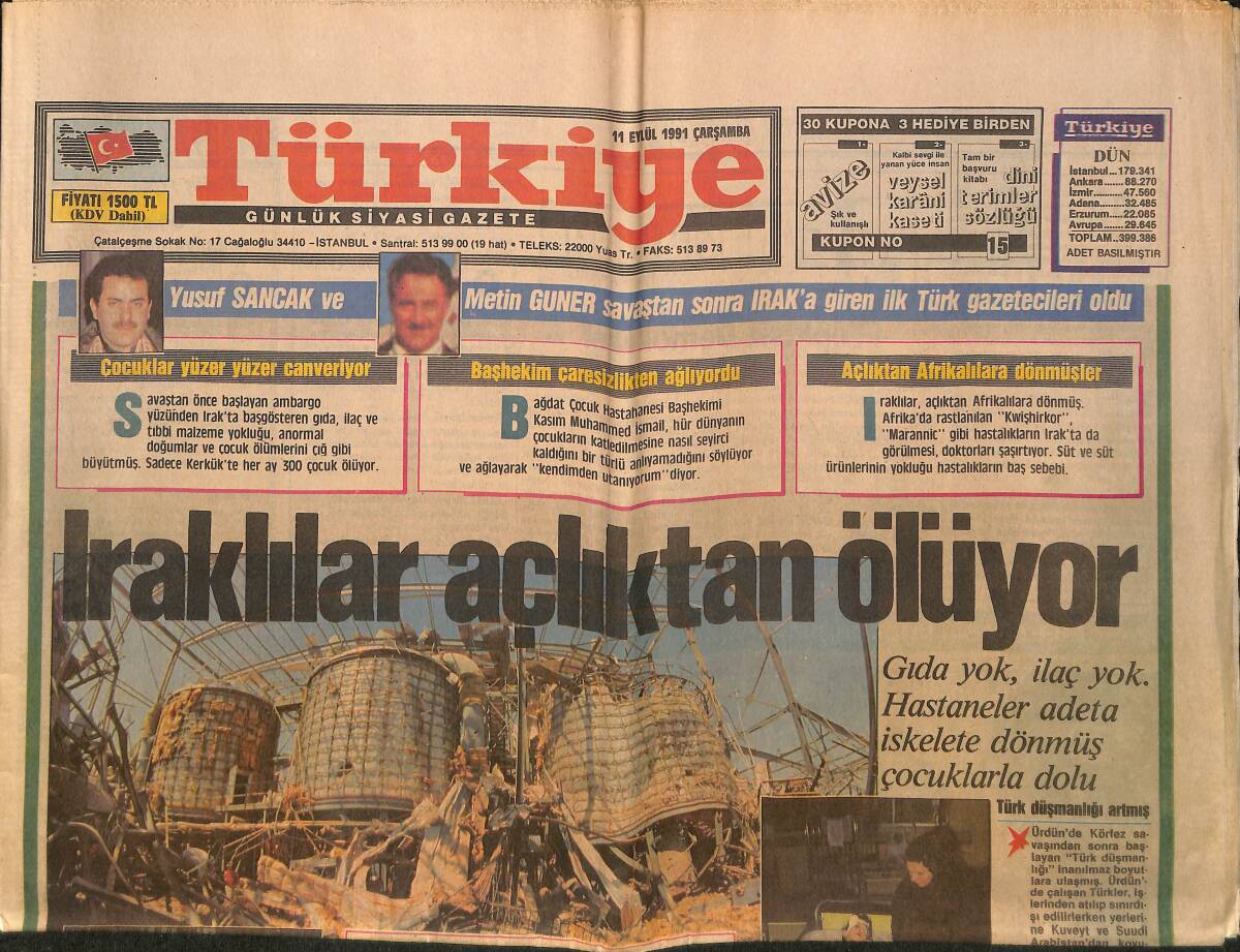 Türkiye Gazetesi 11 Eylül 1991 - Iraklılar Açlıktan Ölüyor - Bağdat Kan Ağlıyor - Galatasaray'da Buruk Sevinç GZ150379 - 1
