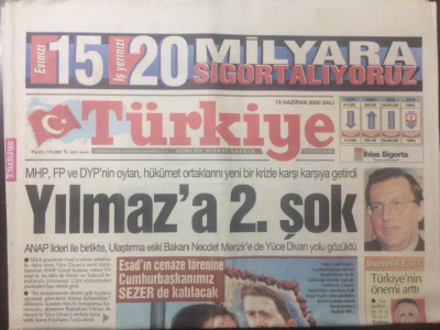 Türkiye Gazetesi 13 Haziran 2000 - Yılmaza 2. Şok - GZ12973 - 1