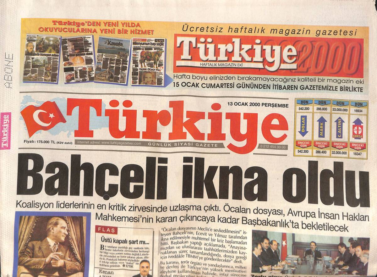 Türkiye Gazetesi 13 Ocak 2000 - Öcalan Dosyasında Bahçeli İkna Oldu - Cenazede Bölücü Terör Örgüte Lanet Yağdı - Fener'e Hoca Dayanmıyor GZ132386 - 1