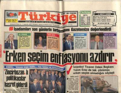 Türkiye Gazetesi 15 Mart 1990 - İstanbul Ticaret Odası Başkanı Yalım Erez de Tek Çözümün Erken Seçim Olmadığını Söyledi GZ93462 - 1