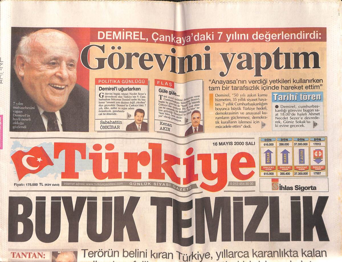 Türkiye Gazetesi 16 Mayıs 2000 - Demirel Çankaya'daki 7 Yılını Değerlendirdi: Görevimi Yaptım - Cimbom Türkiye'nin Takımı GZ157187 - 1