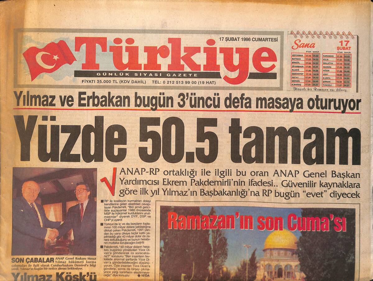 Türkiye Gazetesi 17 Şubat 1996 - Mescid- Aksa'da Yarım Milyonluk Cemaatle Namaz - Dinar , Belini Doğrulttu GZ155536 - 1