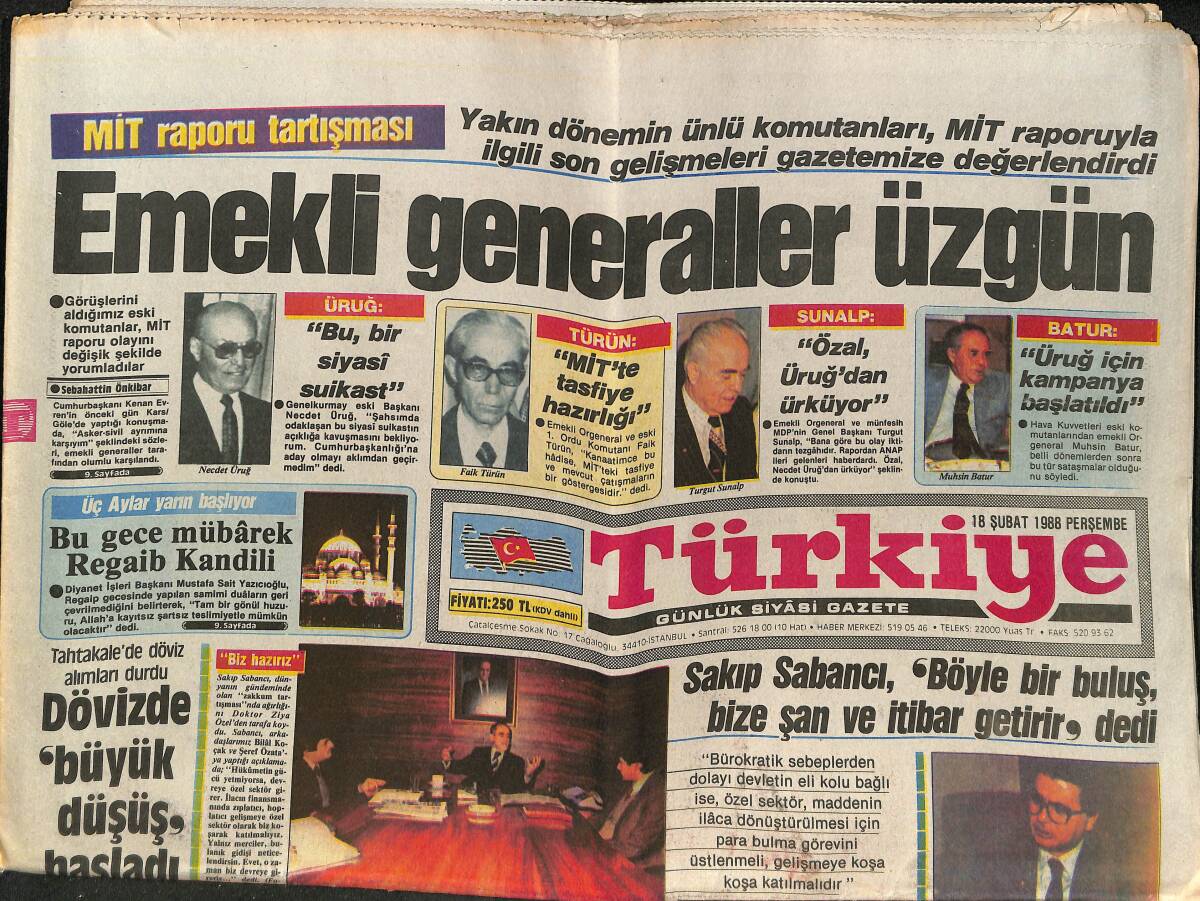 Türkiye Gazetesi 18 Şubat 1988 - Emekli Generaller Üzgün - Sabancı'dan Zakkum'a Destek - Koç: Günde 5 Sigaraya Devam GZ150387 - 1