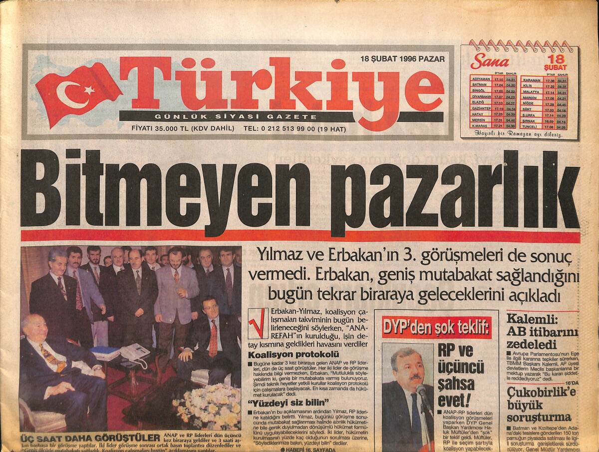 Türkiye Gazetesi 18 Şubat 1996 - ABD'den Suriye'ye Sert Uyarı - Cimbom Pes Etmiyor GZ155558 - 1