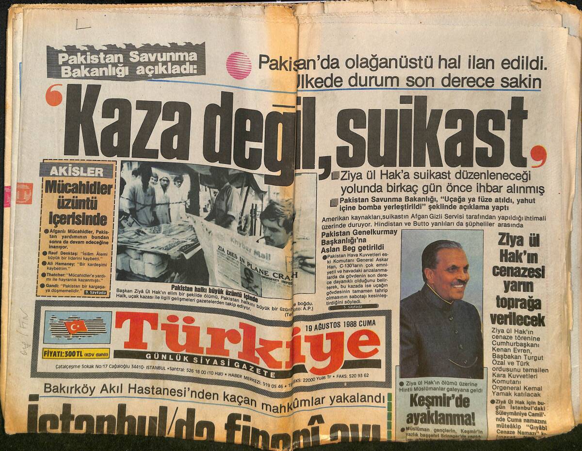Türkiye Gazetesi 19 Ağustos 1988 - Kardeş Özal, Siyaset Sahnesinde - Keşmir'de Ayaklanma - Pakistan'da Olağanüstü Hal GZ150377 - 1