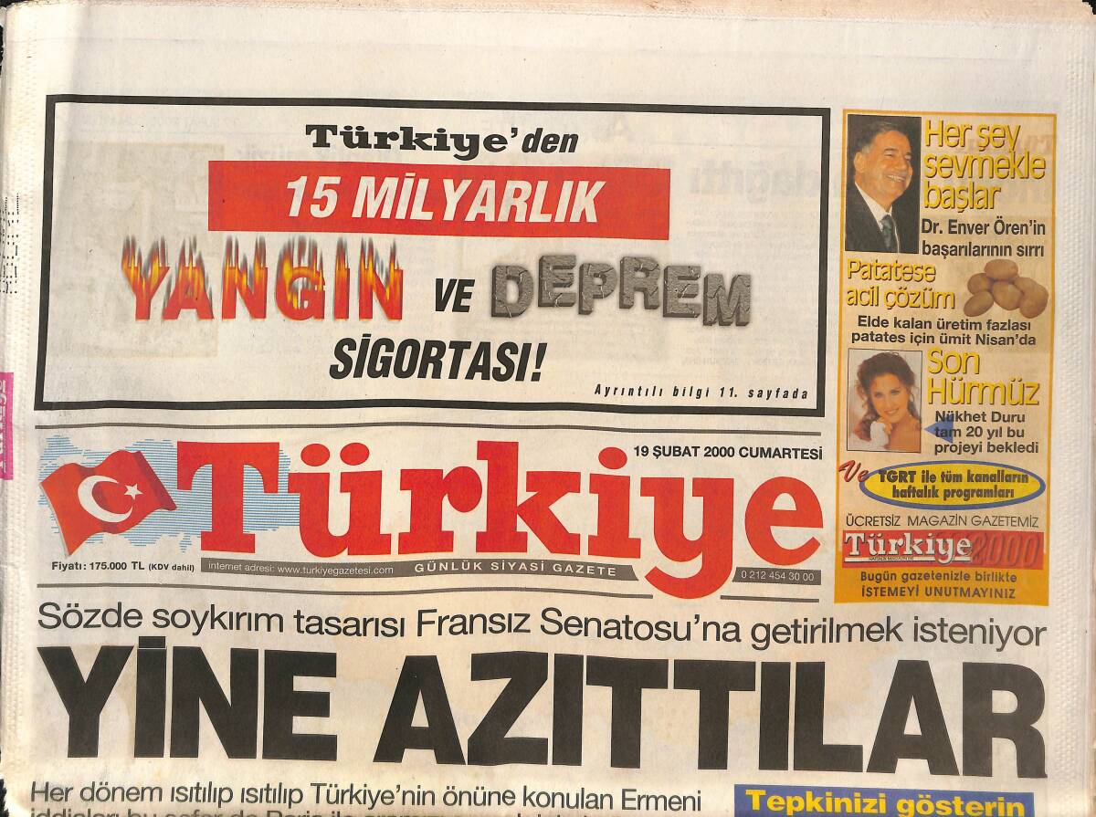 Türkiye Gazetesi 19 Şubat 2000 - Demirel'den Bir Günde 4 Zirve - Ermeni İddiaları Paris'le Aramızı Açmak İçin Kullanıyor GZ132404 - 1