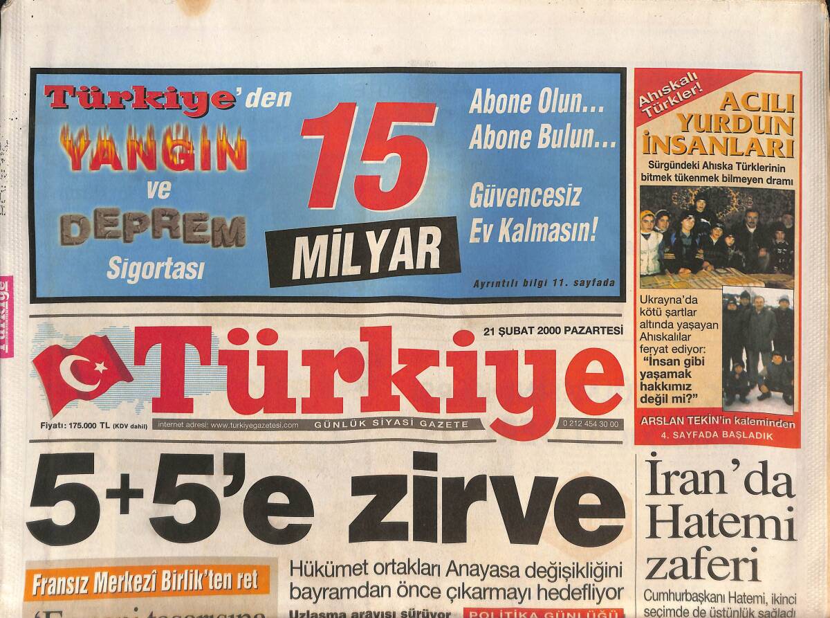 Türkiye Gazetesi 21 Şubat 2000 - İran'da Hatemi Zaferi - Hükümet Ortakları Anayasa Değişliğini Çıkarmayı Hedefliyor -Aziz Yıldırım Yeniden Başkan Oldu GZ132403 - 1