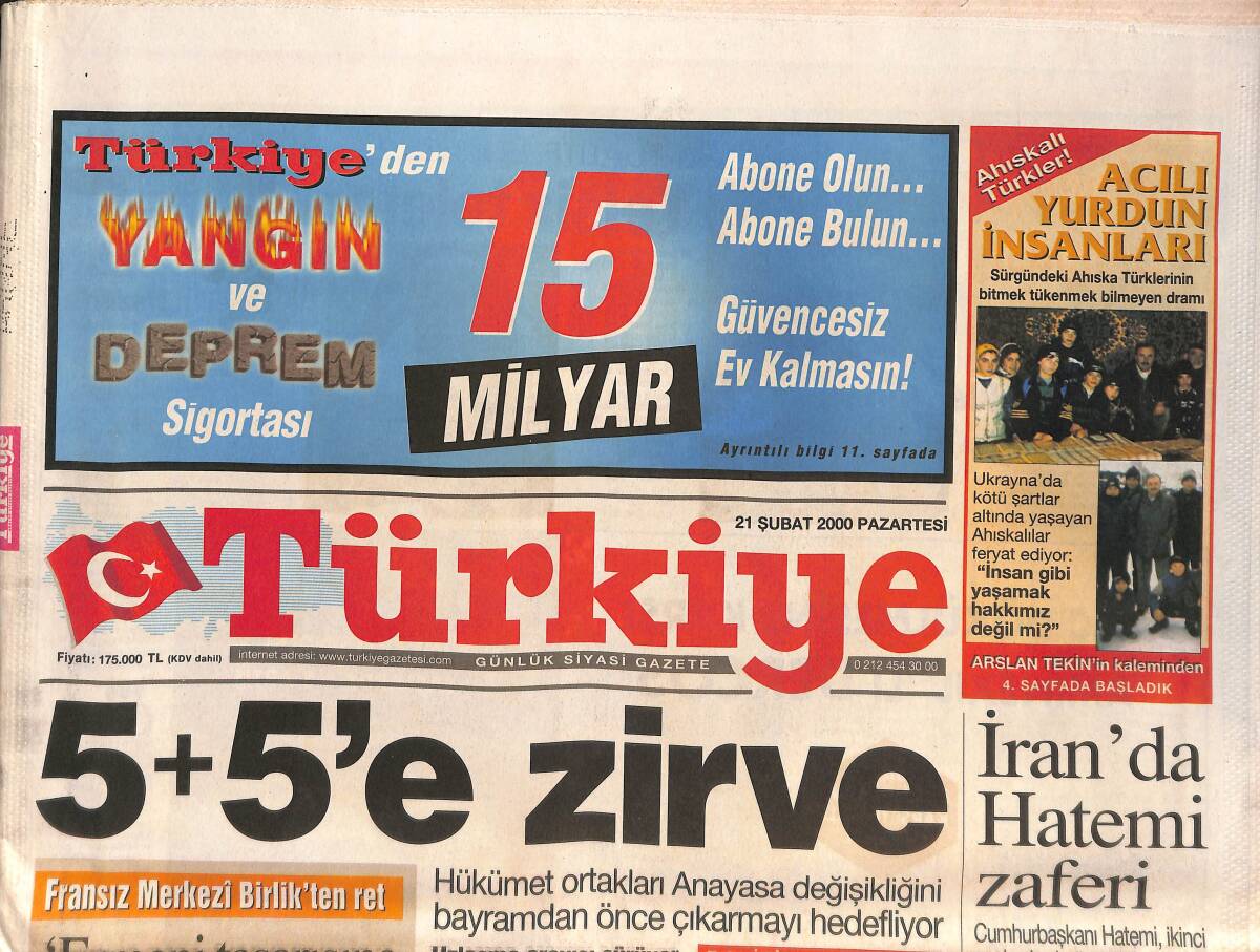 Türkiye Gazetesi 21 Şubat 2000 - Kenan Evren'in Hayali Gerçekleşiyor - İbrahim Tatlıses İlköğretim Okulu Cumhurbaşkanı Demirel tarafından Açıldı GZ132394 - 1