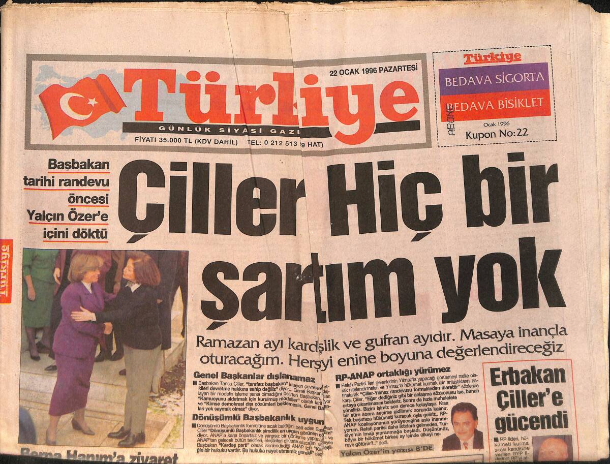 Türkiye Gazetesi 22 Ocak 1996 - Erbakan Çiller'e Gücendi - Adana'da Düğünde Rasgele Silah Atan Vatandaş Biri Çocuk 5 Kişiyi Yaraladı GZ158312 - 1