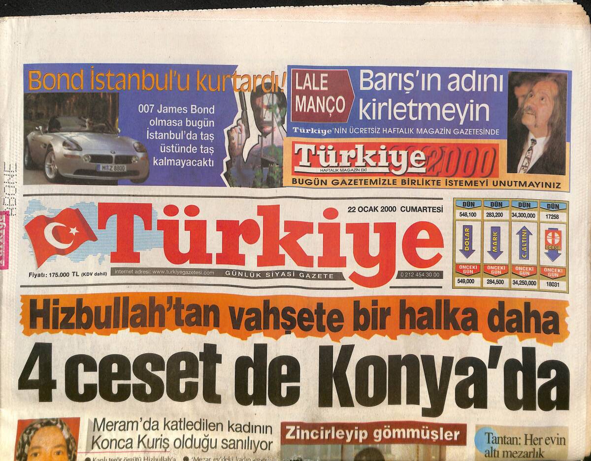Türkiye Gazetesi 22 Ocak 2000 - Hizbullah'tan Vahşete Bir Halka Daha; 4 Cesette Konya'da - Hizbullah Örgütü Devletin Üst Kademelerine Bile Sızmış GZ132425 - 1