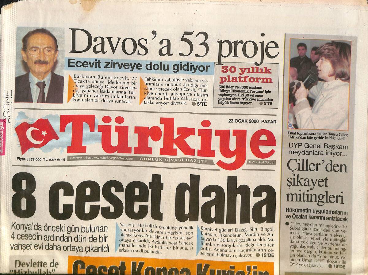 Türkiye Gazetesi 23 Ocak 2000 - Ecevit'ten Davos'a 53 Proje İle Gidiyor - Konya'da 8 Ceset Daha Ortaya Çıktı - Yunan Bakan İstanbul'u Gezdi GZ132424 - 1