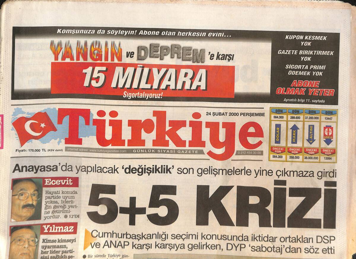 Türkiye Gazetesi 24 Şubat 2000 - Anayasa'da Değişiklik Yine Çıkmaza Girdi - İran'da Çatışma - Ecevit Ve Çiller'den Açıklamalar GZ132402 - 1