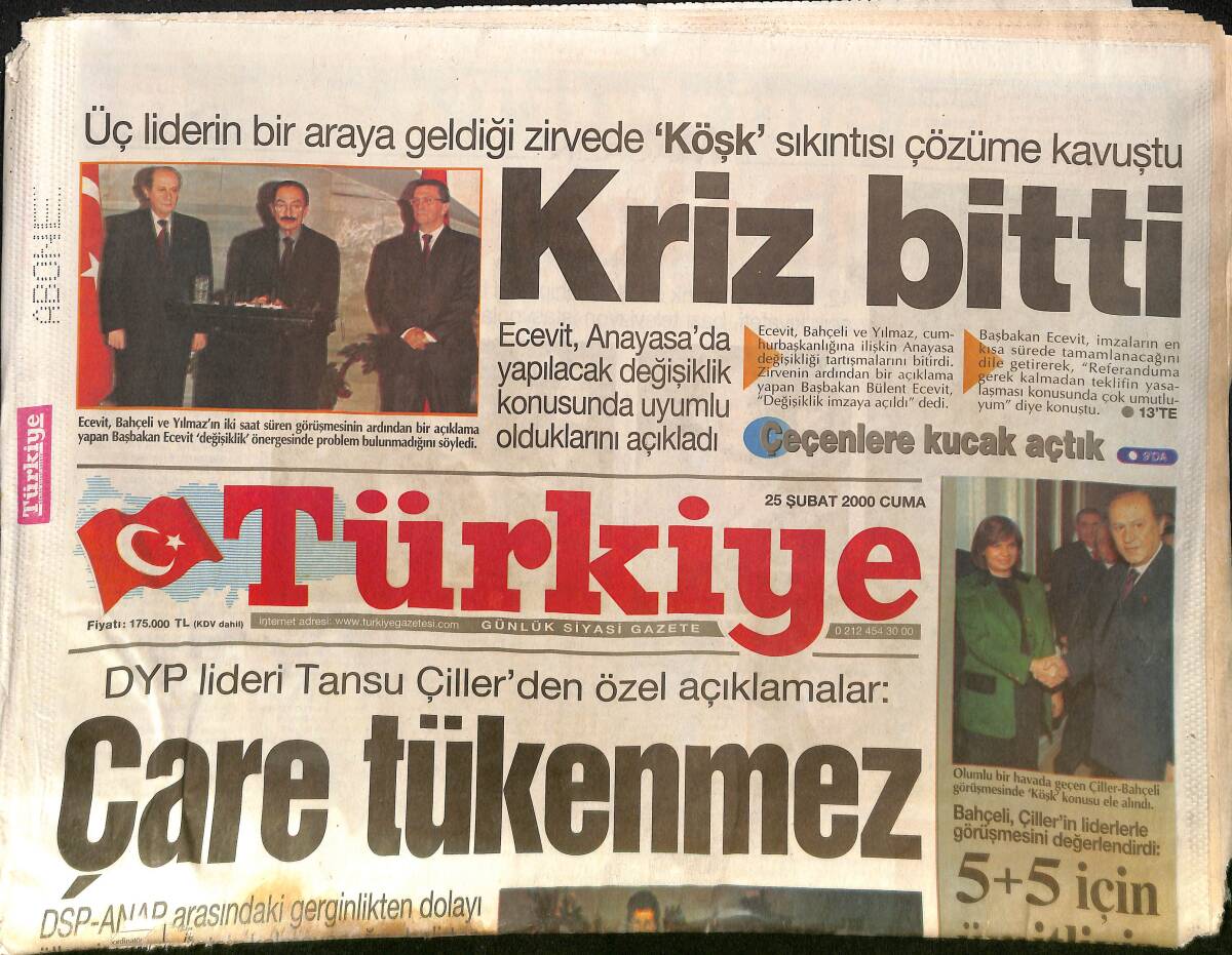 Türkiye Gazetesi 25 Şubat 2000 - Hadep'liler Suçlu Bulundu - Ecevit, Anayasa'da Yapılacak Değişiklik Konusunda Anlaştıklarını Söyledi GZ132430 - 1