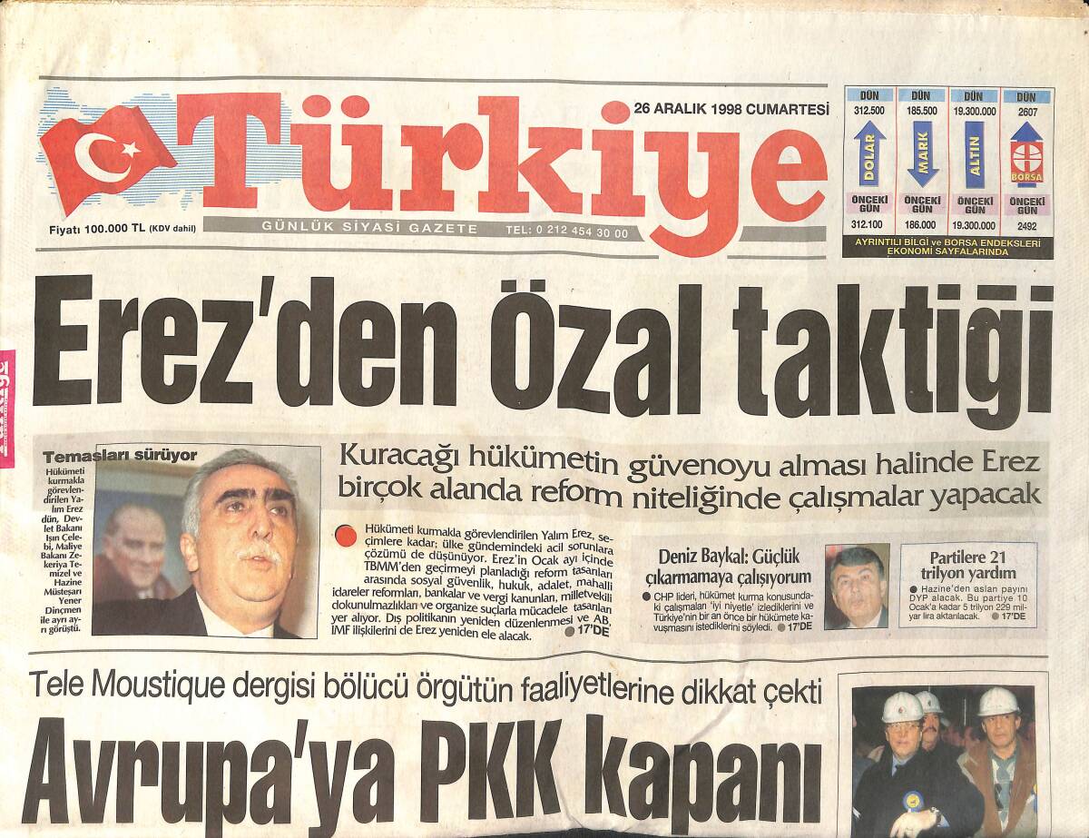 Türkiye Gazetesi 26 Aralık 1998 - Erez'den Özal Taktiği - S-300'ler Girit İçin de Sakıncalı GZ154117 - 1