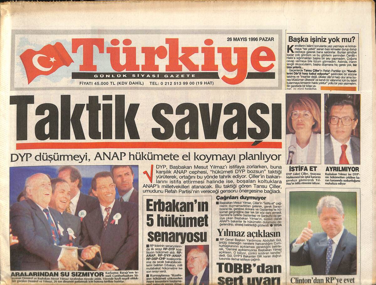 Türkiye Gazetesi 26 Mayıs 1996 - Türkeş'ten Çiller'e Uzlaşma Ziyareti - TOBB'dan Sert Uyarı GZ155553 - 1