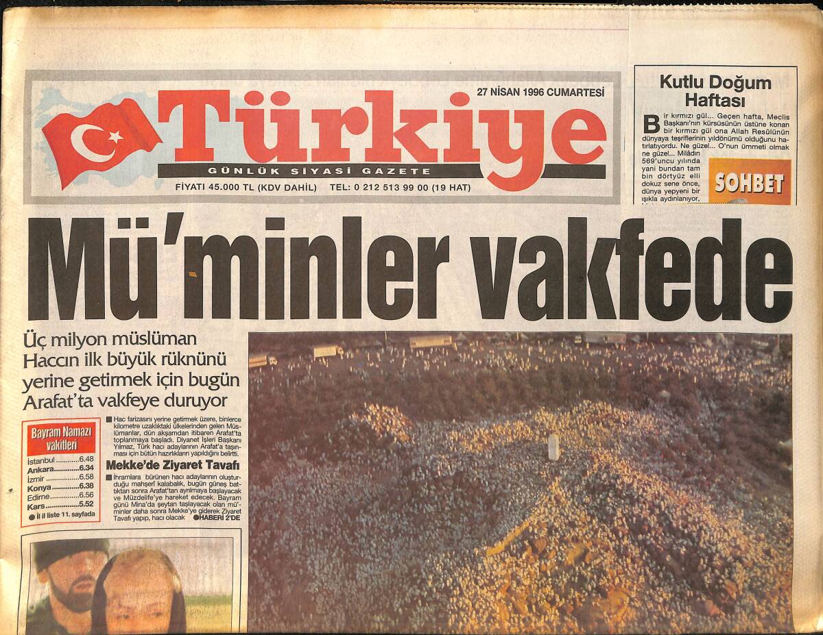Türkiye Gazetesi 27 Nisan 1996 - Menderes'ten Güzel Haber - Lübnan'da Ateşkes - Bayan Dudayev Üzüntülü - GZ155526 - 1