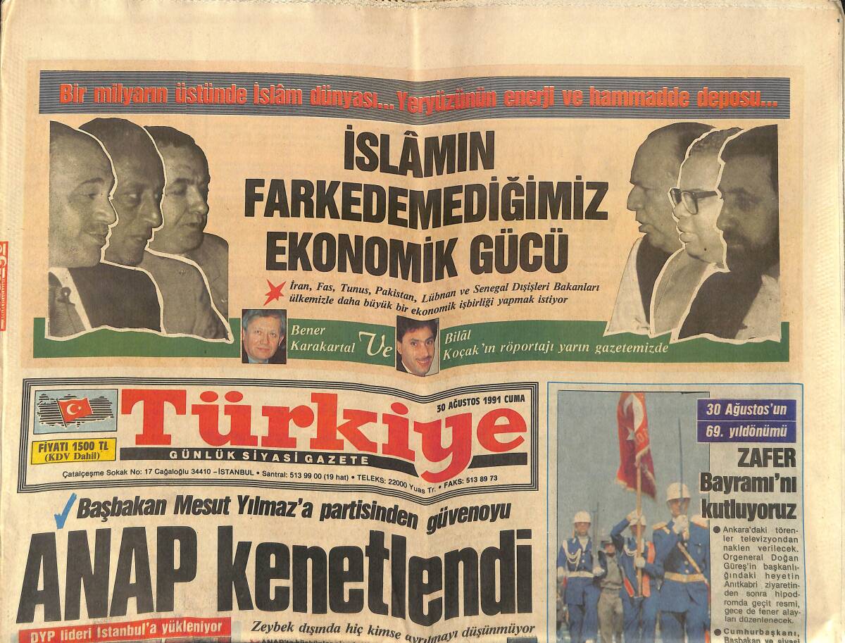 Türkiye Gazetesi 30 Ağustos 1991 - Başbakan Mesut Yılmaz'ın Partisinden Güvenoyu - Pertevniyal Lisesi Açılıyor GZ151224 - 1