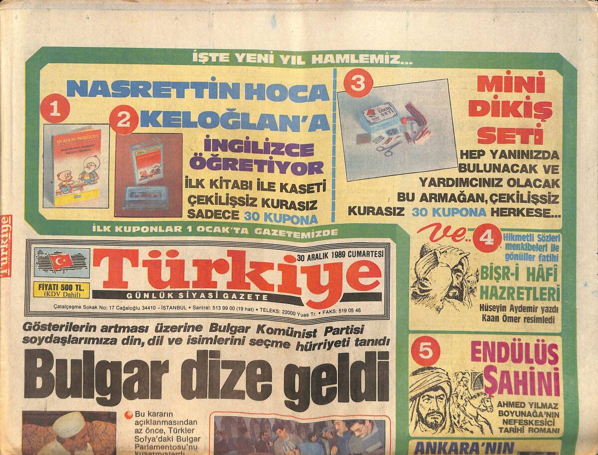 Türkiye Gazetesi 30 Aralık 1989 - Ayasofya İçin Toplanan İmza Sayısı 400 Bini Geçti - Bulgar Dize Geldi GZ157873 - 1