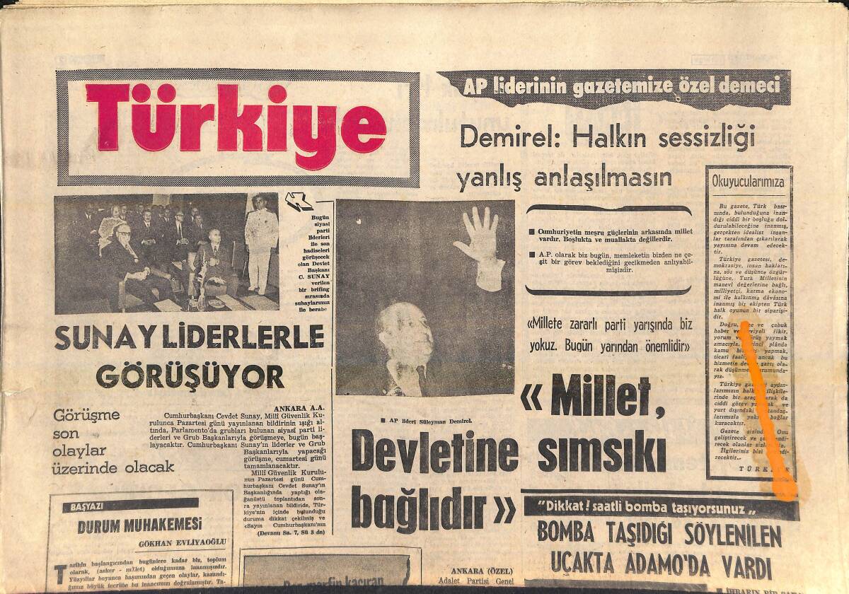 Türkiye Gazetesi 30 Mart 1972 - Demirel: Halkın Sessizliği Yanlış Anlaşılmasın - Hacı Akman Konuşmuyor GZ156946 - 1