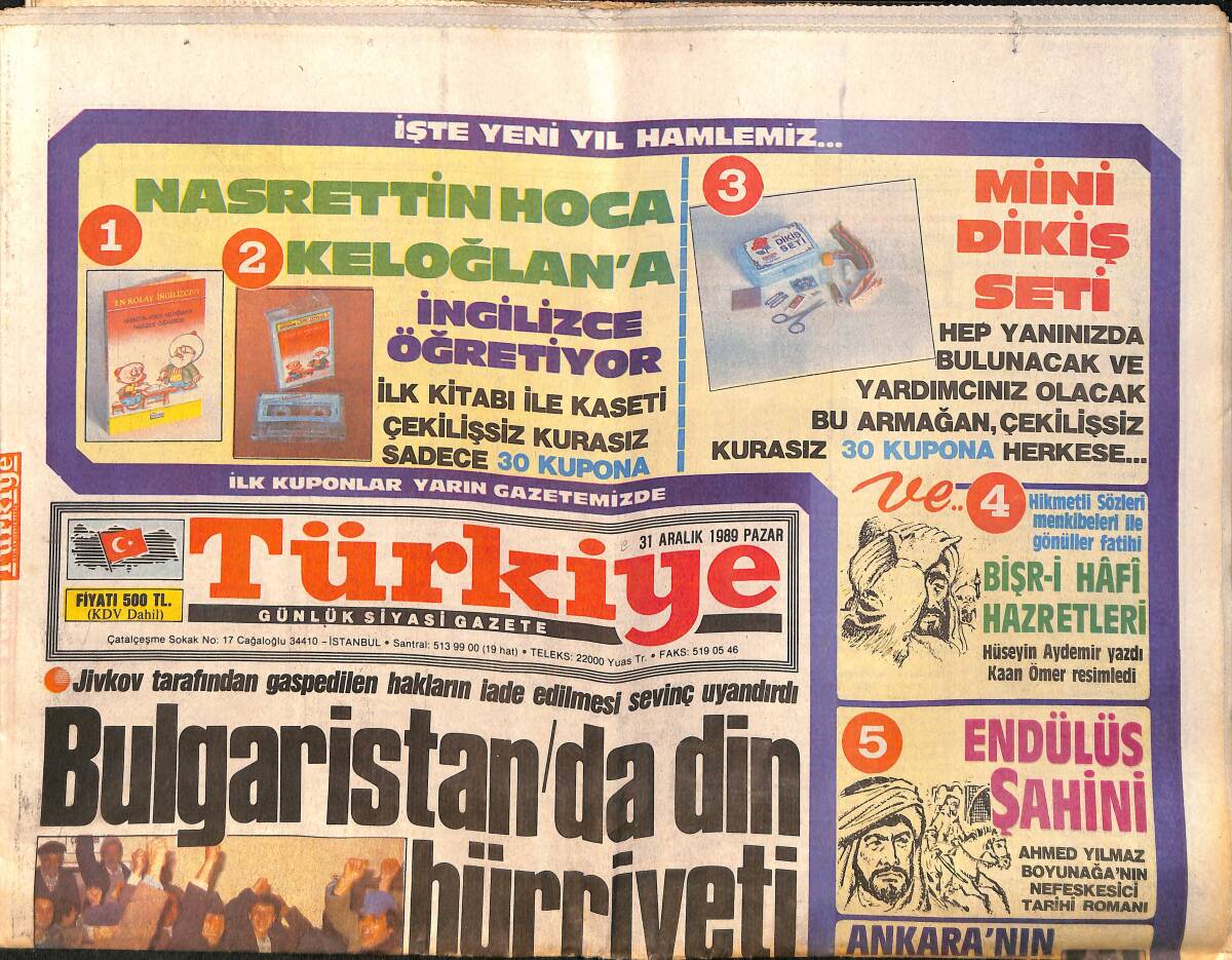 Türkiye Gazetesi 31 Aralık 1989 - Ayasofya İçin İmza , Dalga Dalga - Trabzonspor Eskisi Gibi GZ157877 - 1