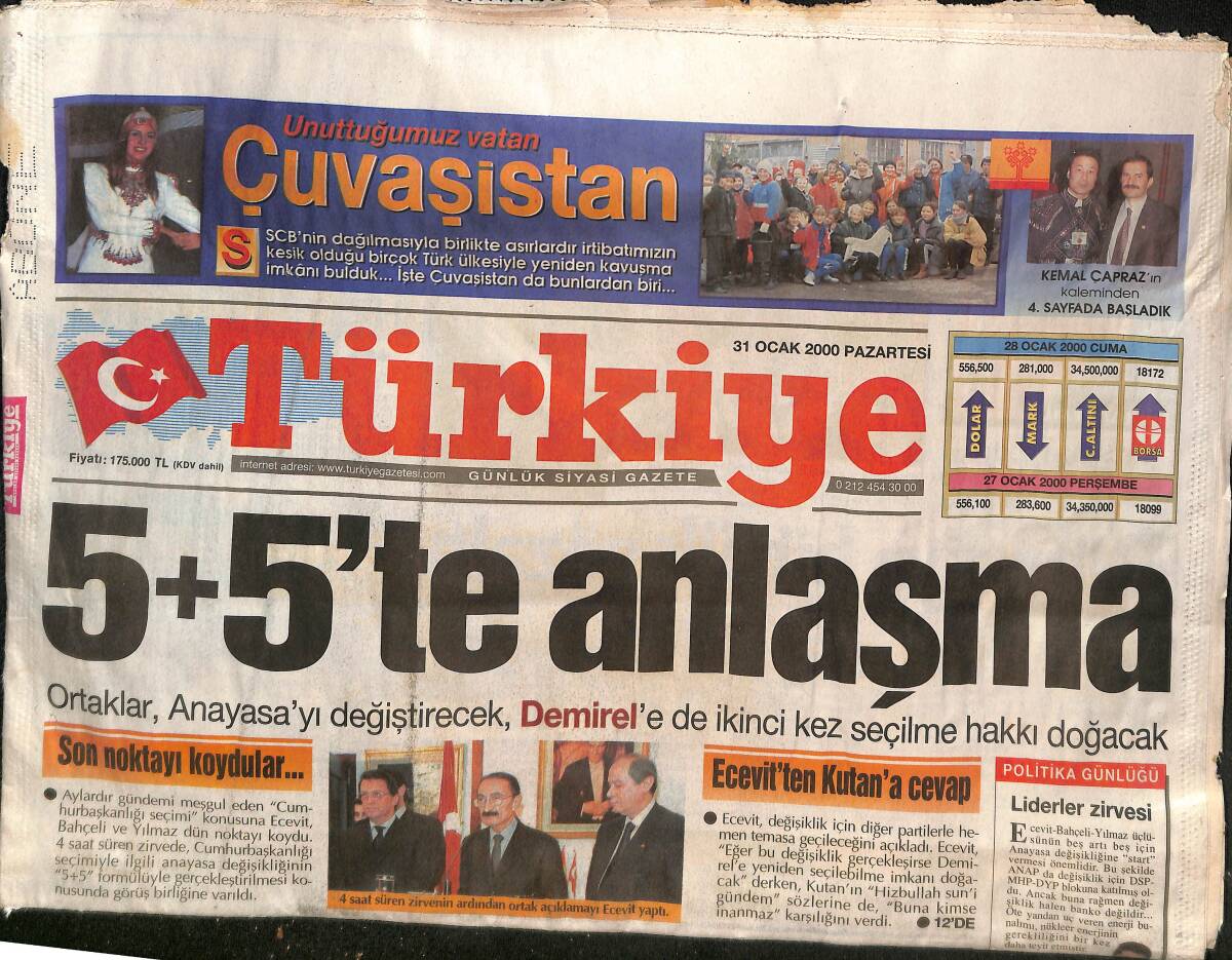 Türkiye Gazetesi 31 Ocak 2000 - Anayasa Değişiyor, Demirel'e de İkinci Kez Seçilme Hakkı Doğacak -Hizbullah Dehşeti Bitmiyor Doğuda Evde 4 Ceset Çıktı GZ132413 - 1