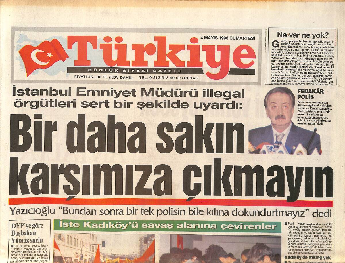 Türkiye Gazetesi 4 Mayıs 1996 - Demirel'in Ağabeyi Hastanede - Fenerbahçe Kanatlardan Vuracak GZ155521 - 1