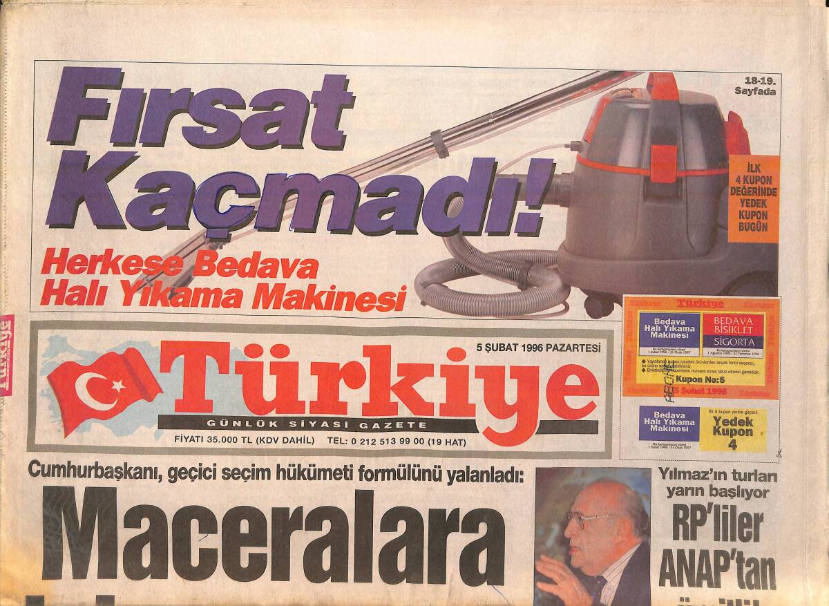 Türkiye Gazetesi 5 Şubat 1996 - Fener Lime Lime Doğradı - Çin'de Korkunç Deprem GZ154679 - 1