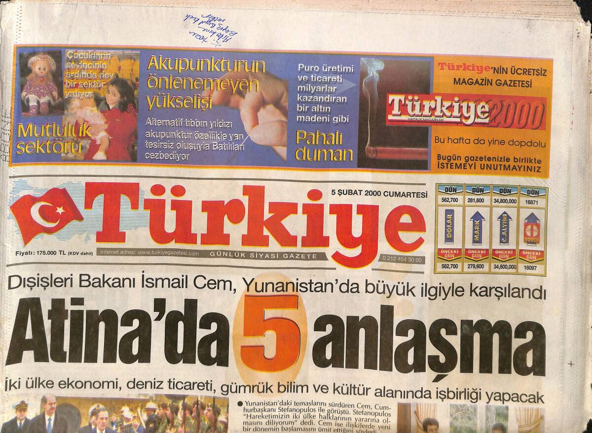 Türkiye Gazetesi 5 Şubat 2000 - Ahmet Kaya'ya 7.5 Yıl Hapis İstendi - Şehit Aileleri Miting Yapıyor - Atina'da 5 Anlaşma Yapıldı GZ132416 - 1