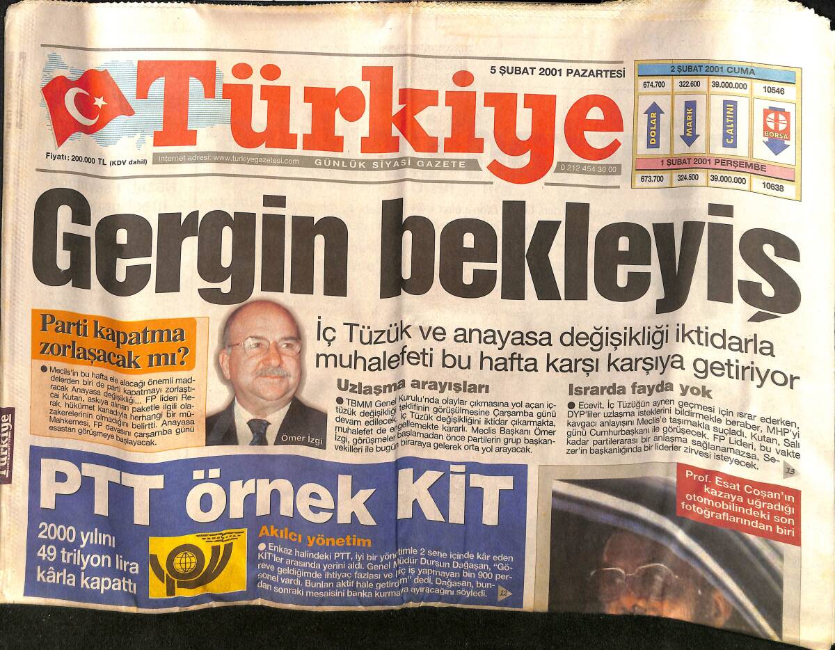 Türkiye Gazetesi 5 Şubat 2001 - Prof. Esat Coşan Kazada Vefat Etti - Galatasaray Hesabı GZ157258 - 1
