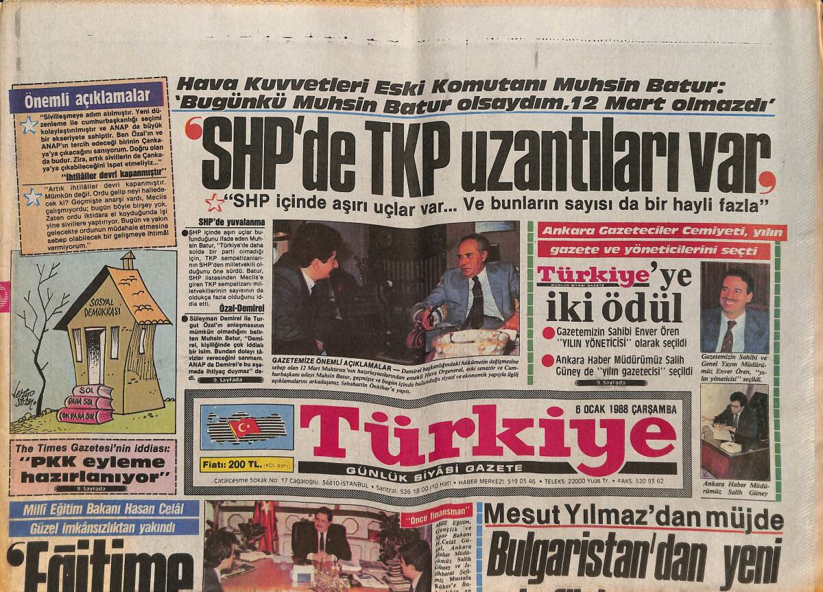 Türkiye Gazetesi 6 Ocak 1988 - Tanju Rekora Gidiyor - Mesut Yılmaz'dan Müjde: Bulgaristan'dan Yeni Kafileler Gelecek GZ150391 - 1