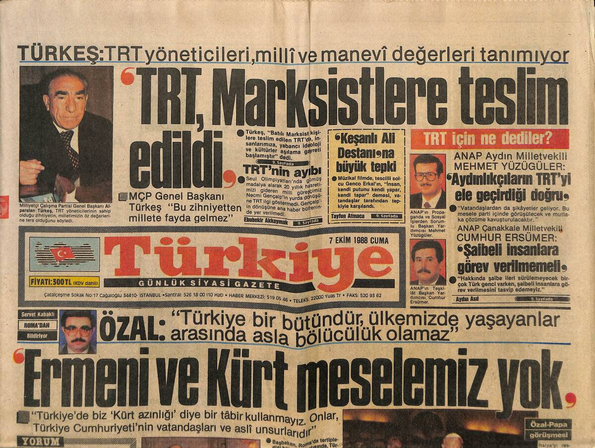 Türkiye Gazetesi 7 Ekim 1988 - TRT, Marksistlere Teslim Edildi - Gaziosmanpaşa'da 3 Bin Tapu Sahipsiz Kaldı - Galatasaray'ı Bekleyen Devler GZ151195 - 1