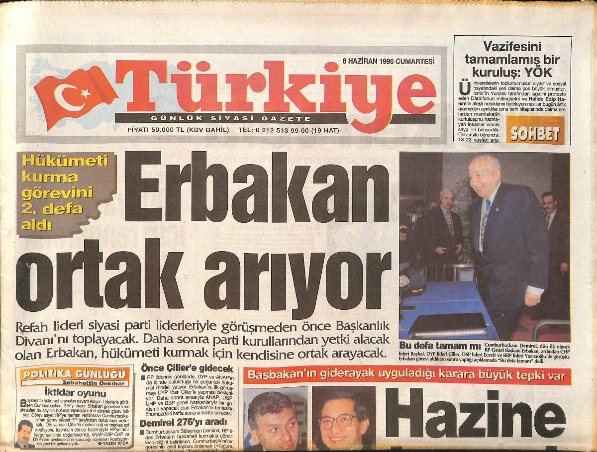 Türkiye Gazetesi 8 Haziran 1996 - Erbakan Ortak Arıyor - Avrupa Santra Yapıyor GZ155528 - 1