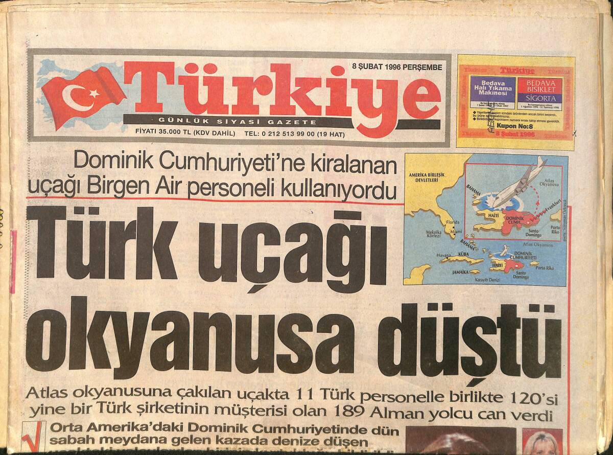 Türkiye Gazetesi 8 Şubat 1996 - Türk Uçağı Okyanusa Düştü - ABD'de İftarlar Bir Başka Güzel GZ3800 - 1