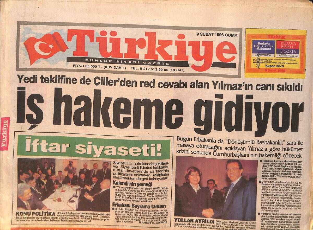 Türkiye Gazetesi 9 Şubat 1996 - Yılmaz'ın Yedi Teklifine Çillerden Red - Atlantik teki Kazada 106 Ceset Köpek Balıklarına Yem Oldu GZ158278 - 1