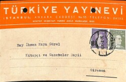 TÜRKİYE YAYINEVİ Damga Pullu İmzalı Sipariş Bildiri Kartı 26 Mart 1938 EFM(N)10871 - Gökçekoleksiyon