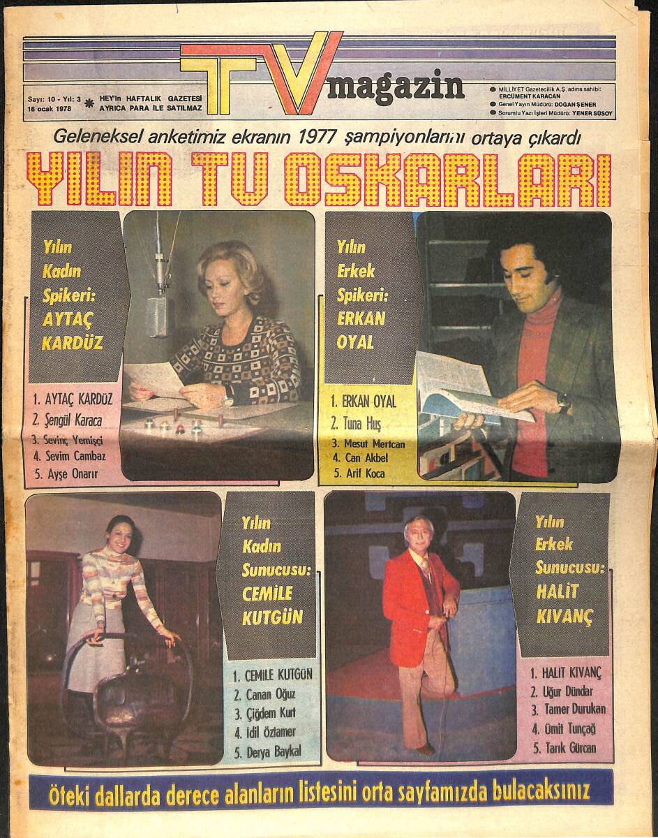 TV Magazin Dergisi 16 Ocak 1978 Sayı:10 - Halit Kıvanç - Uğur Dündar - Derya Baykal - Erkan Oyal NDR91745 - 1