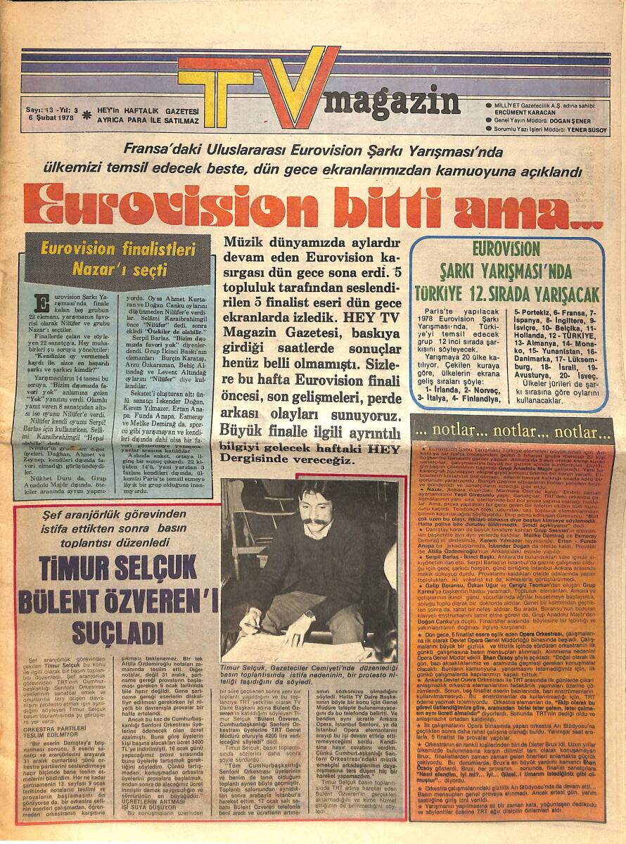 TV Magazin Dergisi 6 Şubat 1978 Sayı: 13 - Öztürk Serengil - Türk Organizasyon Konserleri - Sezen Aksu - Edip Akbayram - Tülay Ozanlar - Hale Hanzade NDR91744 - 1