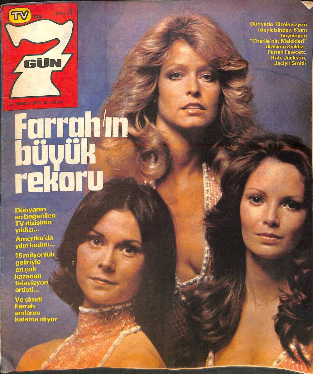 Tv'de 7 Gün 27 Şubat 1978 Sayı: 9 - Kapak: Farrah Fawcett, Kate Jackson, Jaclyn Smith - TRT, Nilüfer'in Adını Bildirdi - Tarık Akan - Yıldız Tezcan NDR93762 - 1