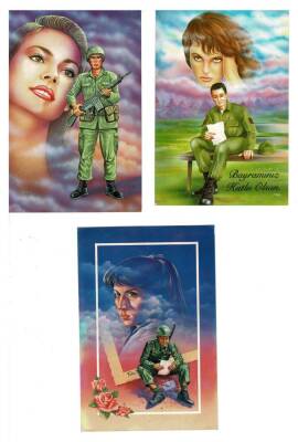 Üçlü Askerlik ve Özlem Temalı Kartpostal KRT7974 - 1