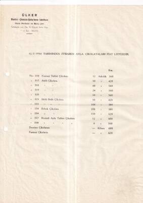 ÜLKER ÇİKOLATA - BİSKÜİ - ŞEKERLEME FABRİKASI İSTANBUL - 1954 ÇİKOLATA FİYAT LİSTESİ - 2