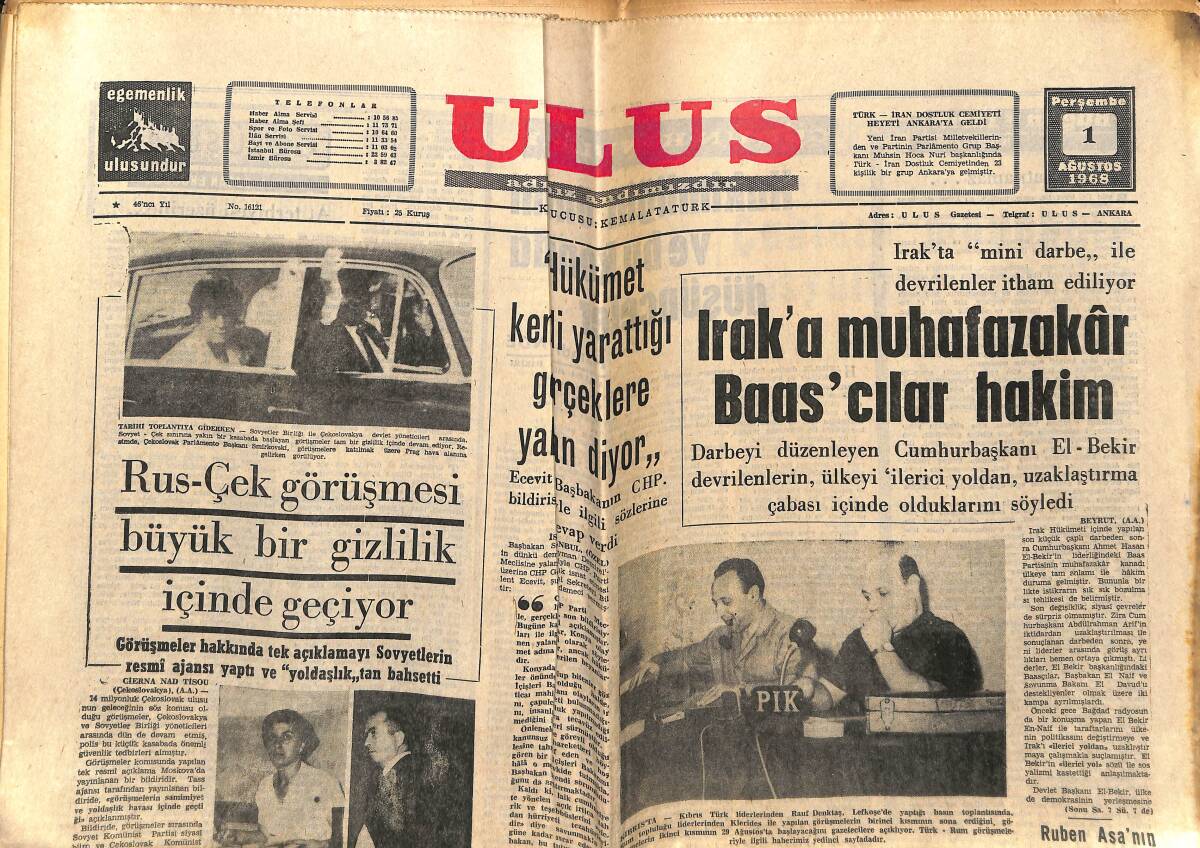 Ulus Gazetesi 1 Ağustos 1968 - Rus Çek Görüşmesi Büyük Bir Gizlilik İçinde Gerçekleşiyor - Ankaralılar Yarın Ekmeksiz Kalıyor GZ151543 - 1