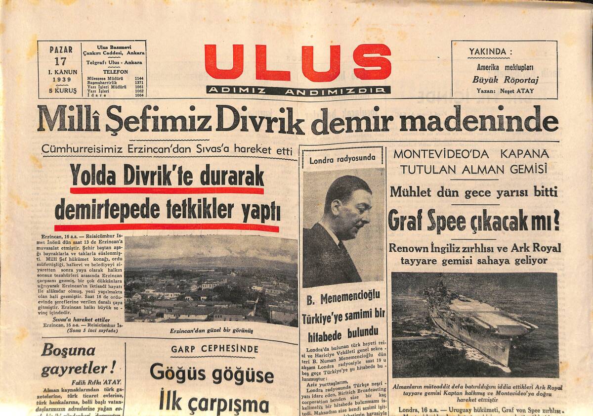 Ulus Gazetesi 1 Aralık 1939 - Graf Spee Çıkacak Mı ? - Kont Ciano Çok Uzun Bir Nutukla Takip Edilen Politikayı Anlattı GZ141112 - 1