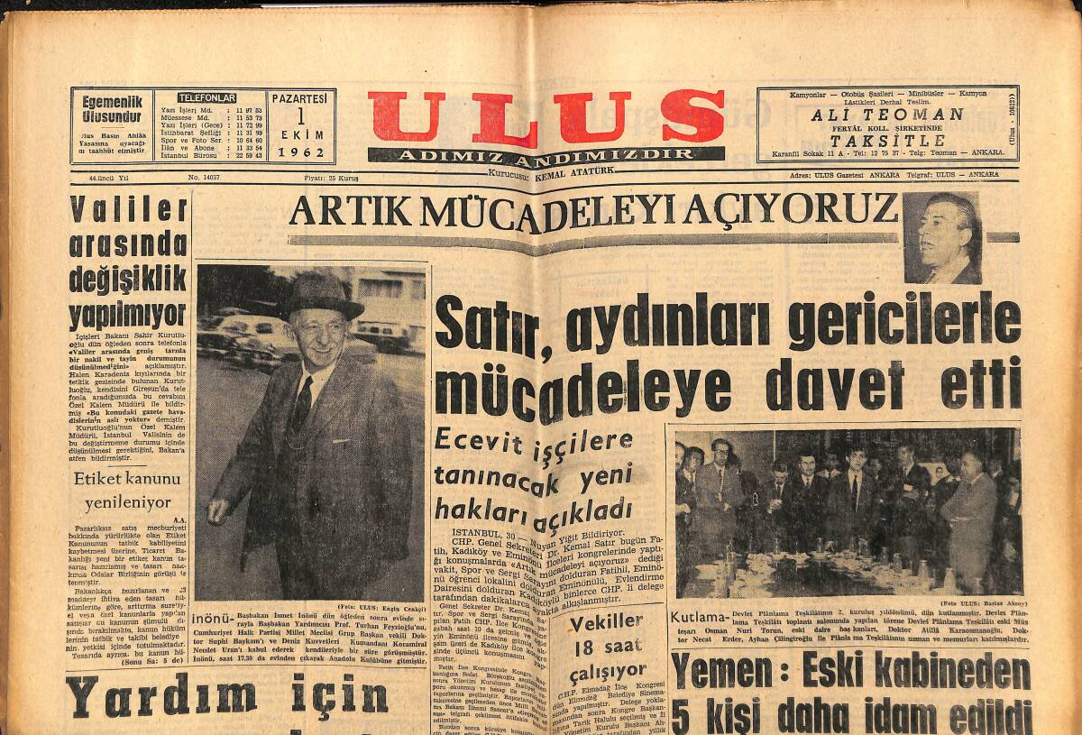 Ulus Gazetesi 1 Ekim 1962 - Ecevit İşçilere Tanınacak Yeni Haklar Açıkladı - Müebbed Mahkum Akşemsettinoğlu Dün Firar Etti GZ148587 - 1