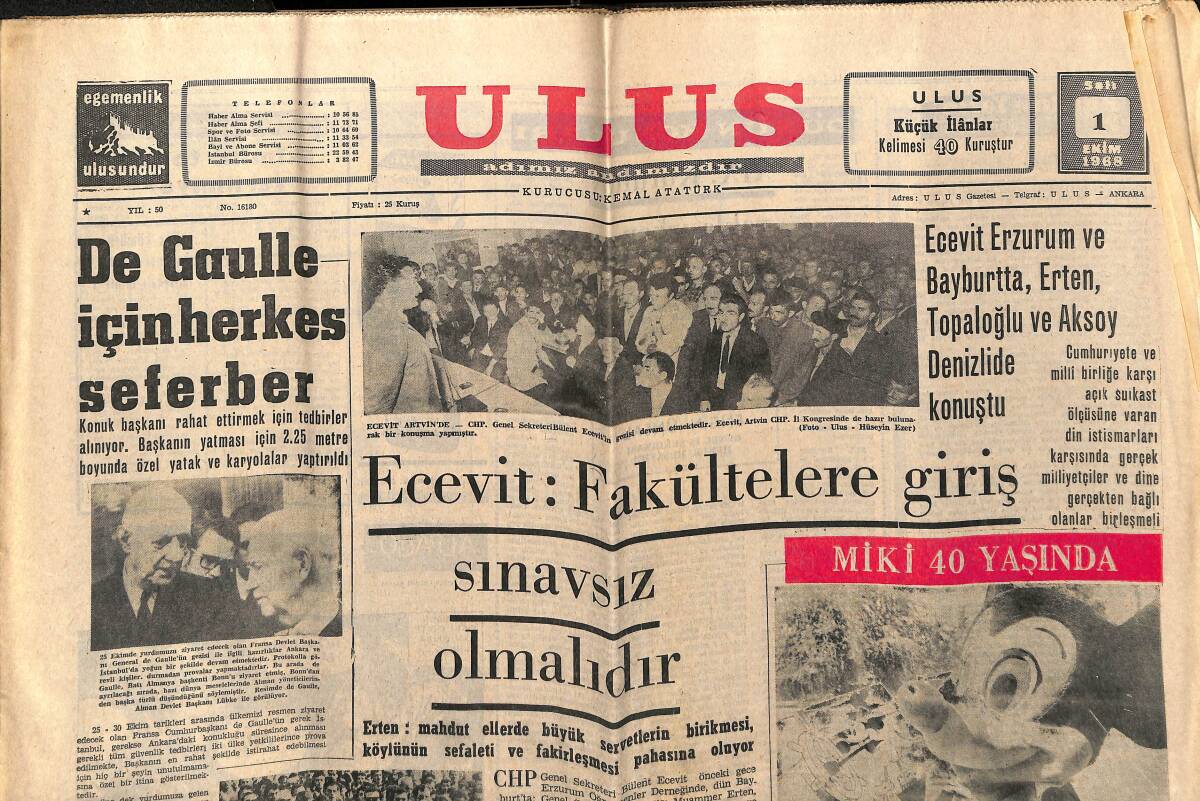 Ulus Gazetesi 1 Ekim 1968 - Miki 40 Yaşında - De Gaulle İçin Herkes Seferber GZ152607 - 1