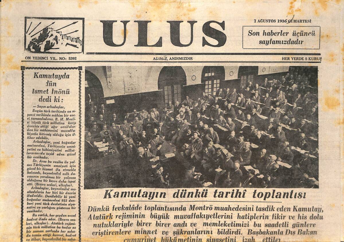 Ulus Gazetesi 1 Eylül 1936 - Kamutay, İsmet İnönü Hükümetine İttifakla İtimad Reyi Verdi - Kamutayın Dünkü Tarihi Toplantısı GZ146638 - 1
