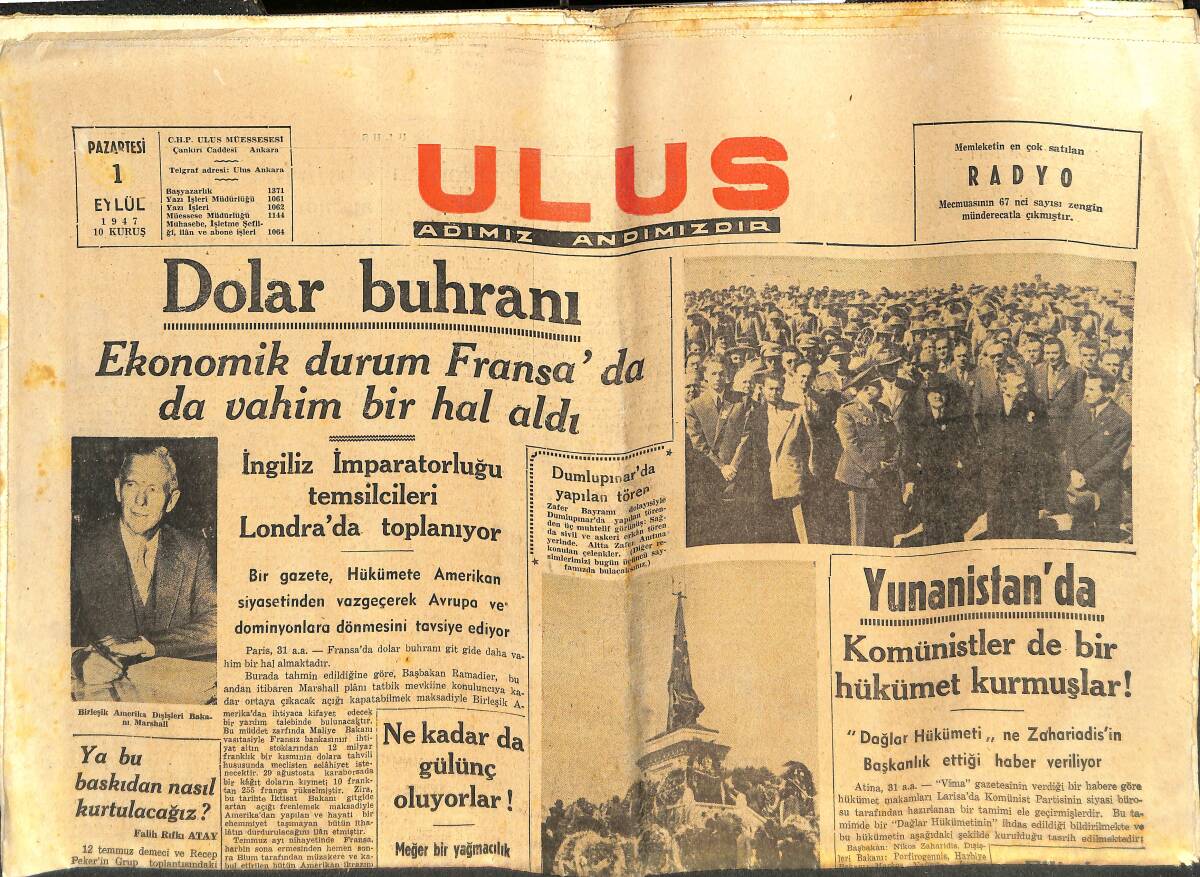 Ulus Gazetesi 1 Eylül 1947 - Yunanistan'da Komünistler De Bir Devlet Kurmuşlar - Ekonomik Durum Fransa'da Da Vahim Bir Durum Aldı GZ143327 - 1