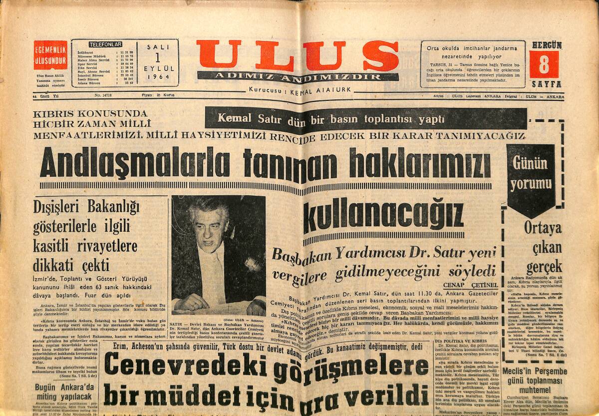 Ulus Gazetesi 1 Eylül 1964 - Tokyo , Dünyanın En Kalabalık Şehri Oldu - Kemal Satır Dün Bir Basın Toplantısı Yaptı GZ150645 - 1