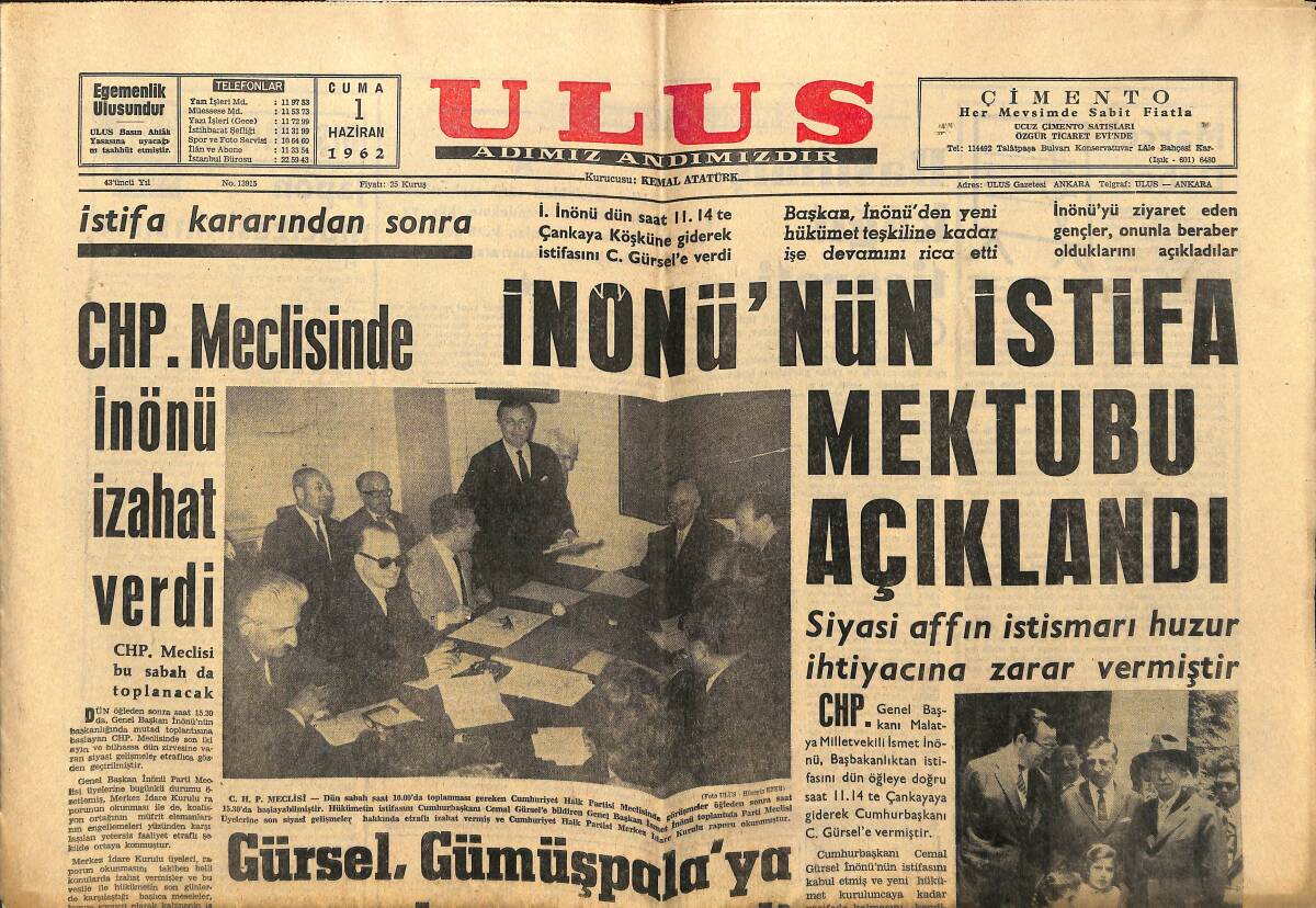 Ulus Gazetesi 1 Haziran 1962 - İnönü'nün İstifa Mektubu Açıklandı - Sunay Durum Düzelecek Dedi GZ148661 - 1