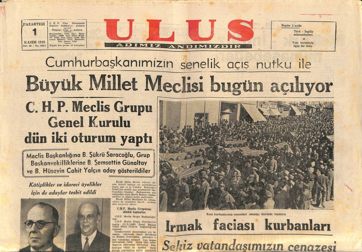 Ulus Gazetesi 1 Kasım 1948 - Büyük Millet Meclisi Bugün Açılıyor - Başbakanımız Türk Fransız Dostluğunu Öven Bir Demeç Verdi GZ141433 - 1